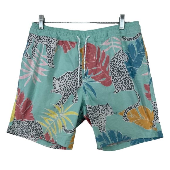 Original Use Mens Swim Trunks M Aqua Cheetah Jungle Drawstring Waist Mesh Lined - Picture 1 of 11